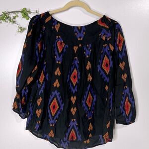 Lucky Brand Black Geometric Boho Blue Gold Red 3/4 Sleeve Blouse Shirt